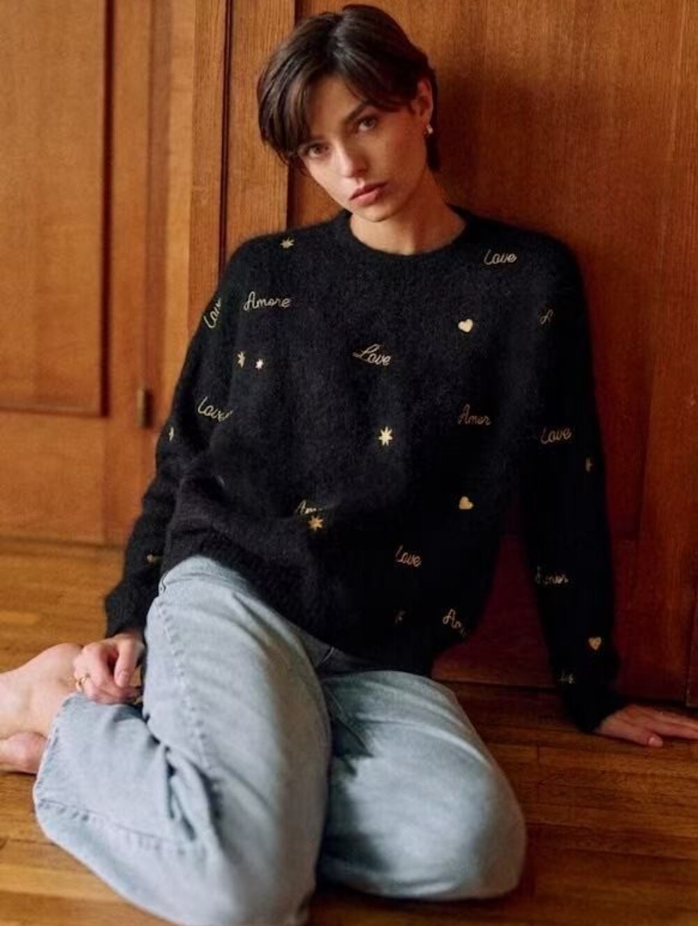 Sezane Hope Black Jumper With Gold Embroidery